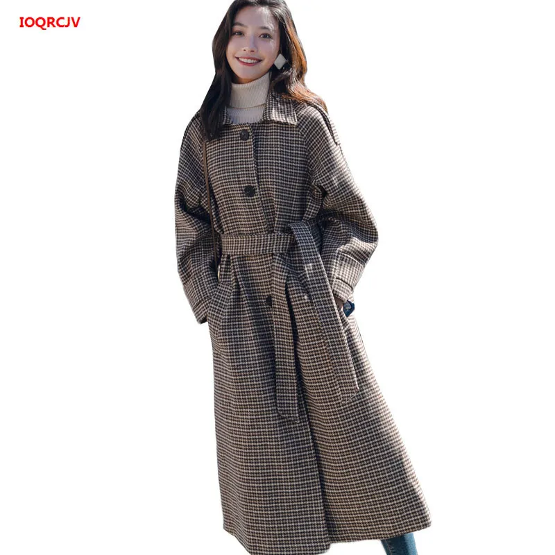 

Large Size Plaid Woolen Coat Female Autumn Winter 2019 New Thicked Vintage Belt Long Wool Blends Coat Women's Windbreaker W317
