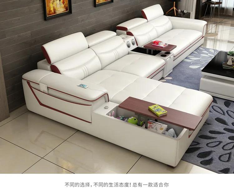 Living Room Sofa set furniture real genuine cow leather sofas bluetooth puff asiento muebles de sala canape L shape sofa cama