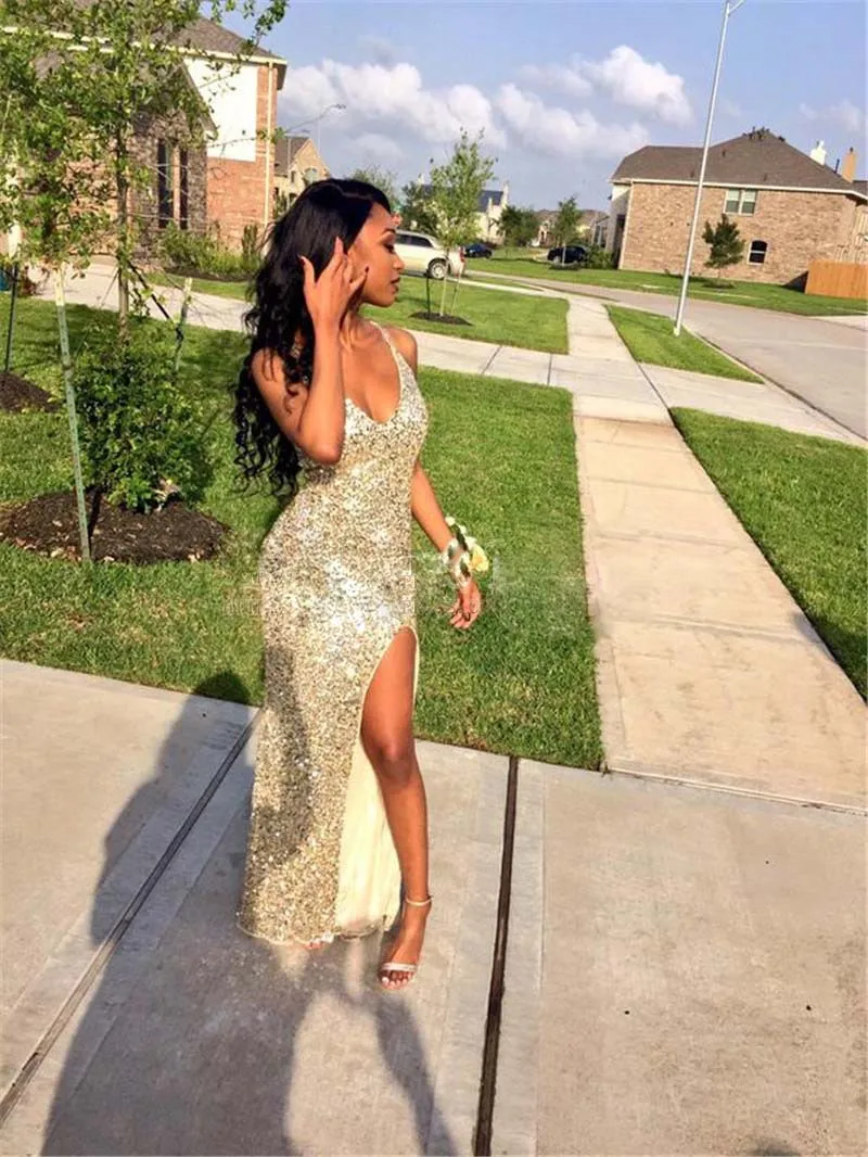 

Sparkly Evening Dresses 2016 Criss Cross Back Sequins Sheath Prom Dresses Vestido High Leg Slit New Abendkleider
