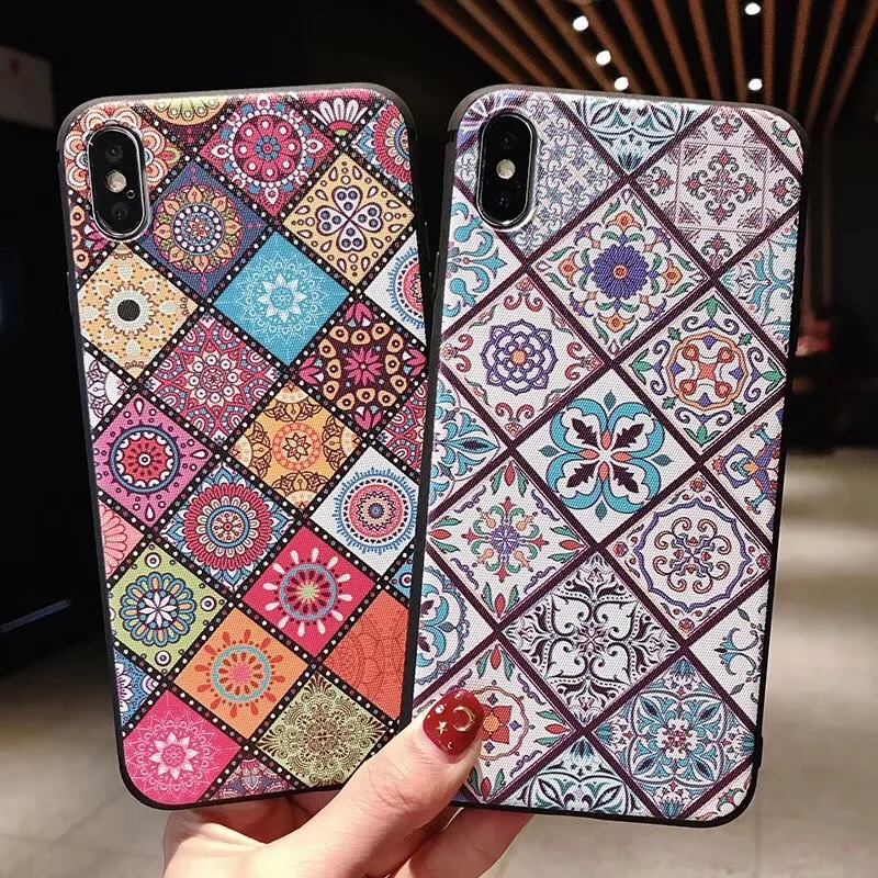 

Retro Flower Totem Pattern Phone Case For iPhone X XS Max XR 7 8 Plus 6 6S 5 5S SE Coque Vintage Relief Soft TPU Silicone Cover