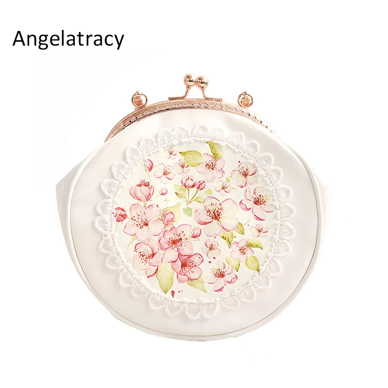 

Angelatracy 2018 Lolita Style Circular Floral Lace Chain Flower Print Metal Frame Hasp Crossbody Women Shoulder Tote Shell Bag
