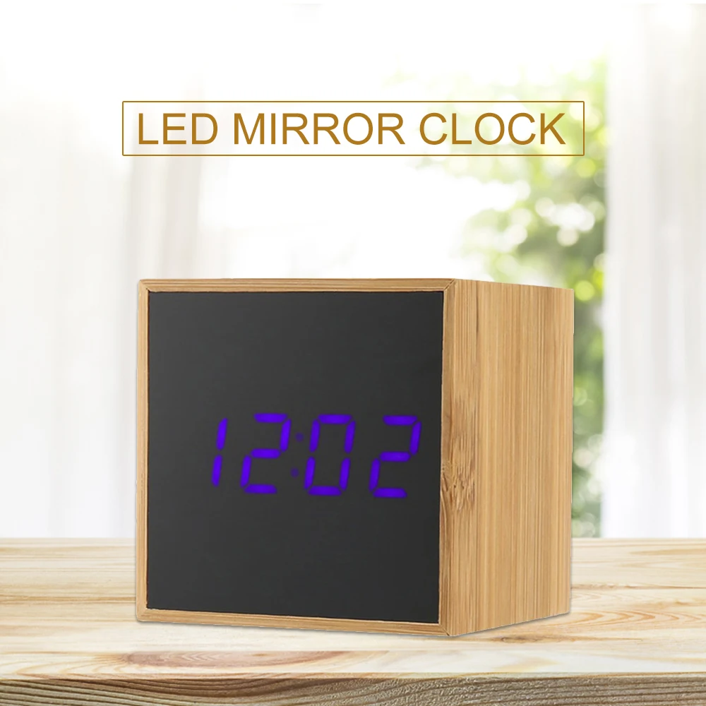 

LED Digital Alarm Clock Sound Activated Green Bamboo Cube Clock Time Temperature Date Cycle Display Home Office Travel Clock
