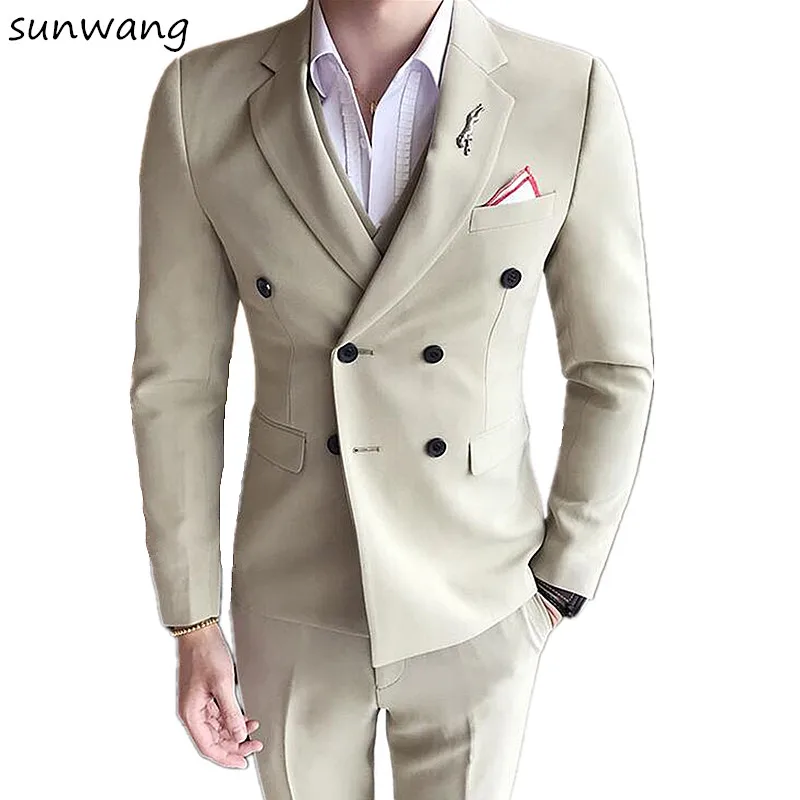 Megaventa Sunwang 2019 Famosa Marca Hombres Trajes Boda Novio 3 Piezas Chaqueta Chaleco Pantalon Ajustado Fit Casual Esmoquin Traje Macho Blazers Conjuntos May 2020