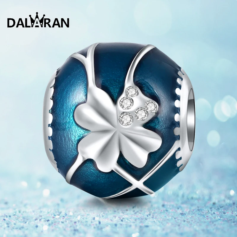 

DALARAN DIY Bracelets Necklaces Blue Four-Leaf Clover Charms 925 Sterling Silver Beads For Women Jewelry Making Girlfriend Gift