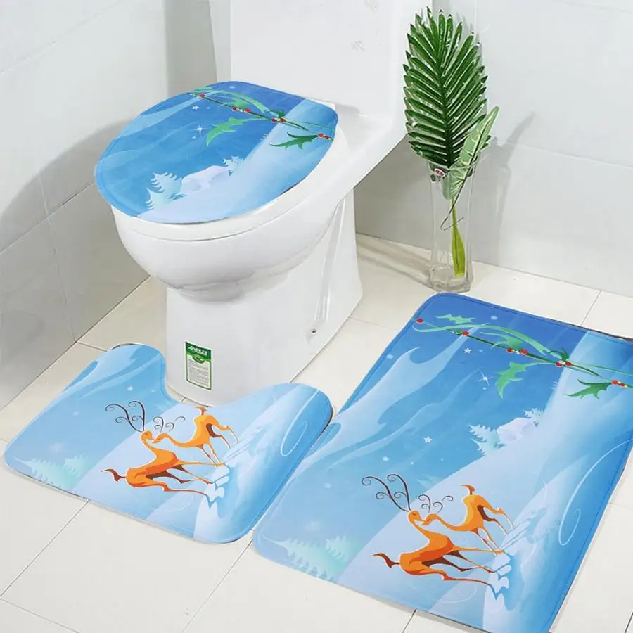

3Pcs Printing Bathroom Mat Set Non-Slip Shower Pedestal Rug + Toilet Seat Cover + Bath Foot Mat Home Bedroom Decor