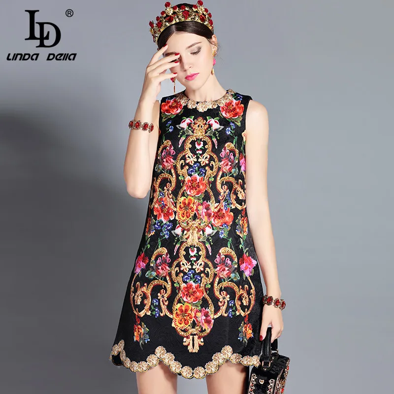 Günstige LD LINDA DELLA 2019 Herbst Fashion Runway Kleid frauen Ärmellose Tank Retro Kristall Perlen Floral Print Mini Vintage Kleid