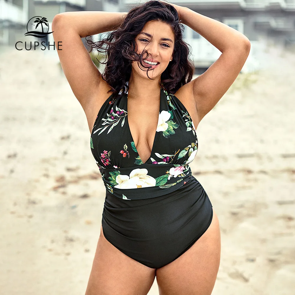 Preise CUPSHE Plus Größe Floral Blatt Druck V ausschnitt Badeanzug Frauen Sexy Halter Monokini Badeanzüge 2020 Mädchen Strand Bademode