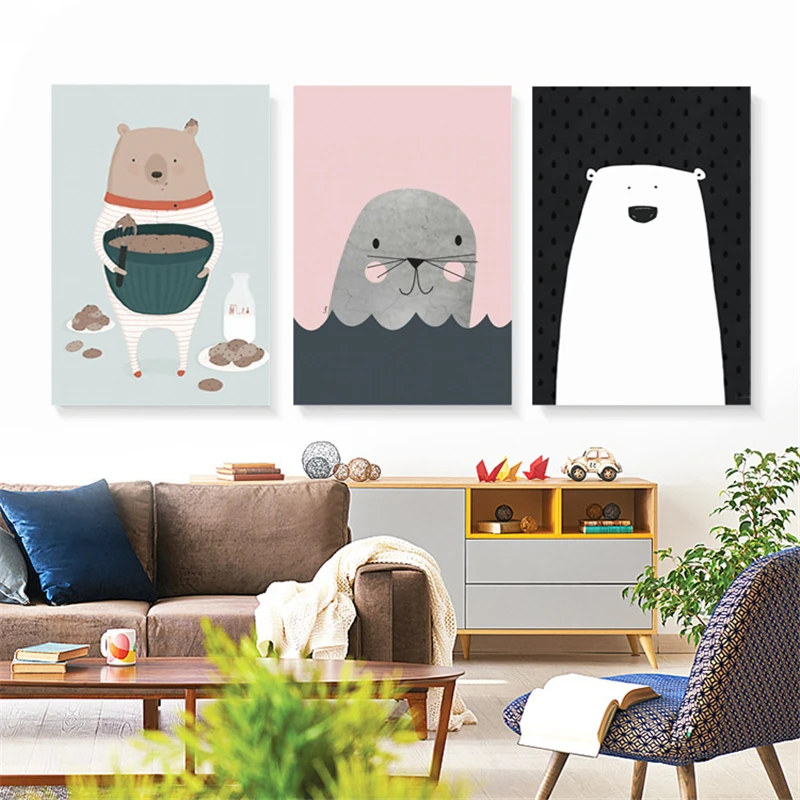 

Nordic Cartoon Animals Bear Cat Seal Canvas Painting Baby Kid Nursery Room Decoration Wall Picture Home Living Room Poster Print