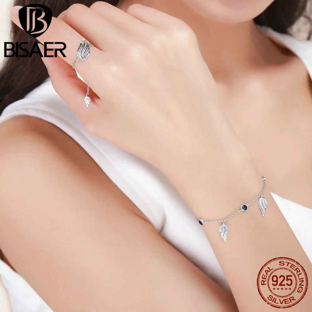 

BISAER Genuine 925 Sterling Silver Vintage Wing Fairy Chain Bracelet Female Jewelry Set S925 Silver Wedding Jewelry Gift