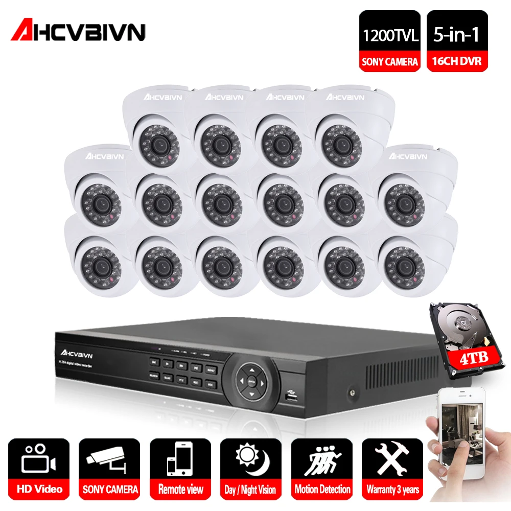 

AHCVBIVN 16CH DVR Kit Security Camera System Home Security IR CUT Night Vision Sony 1200TVL Camera Surveillance System P2P View