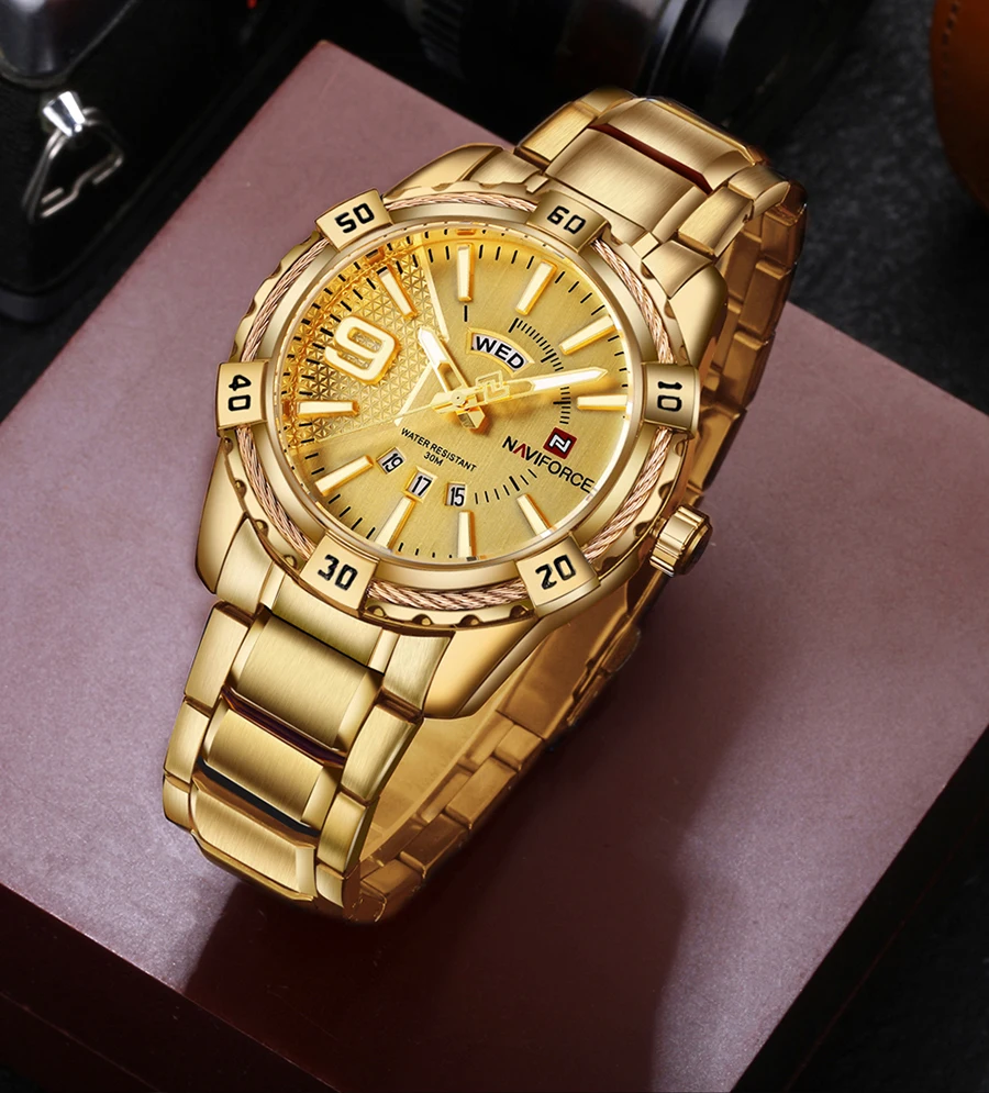 Часы naviforce золотые часы мужские золотые Роскошные бизнес стальные спортивные часы мужские водонепроницаемые Брендовые мужские s часы лучший бренд класса люкс