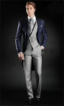 

2020 Custom Made Morning Style Tailorcoat Groom Tuxedos Navy Blue Best Man Blazer Grey Vest Pants Wedding Dinner Party Men Suit