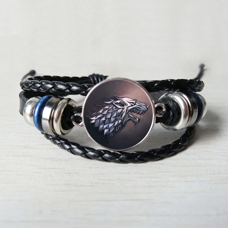 

Song of Ice and Fire Stark Wolf Logo Glass Cabochon Leather Bracelet Men Targaryen Dragon Game of Thrones Series Bracelet