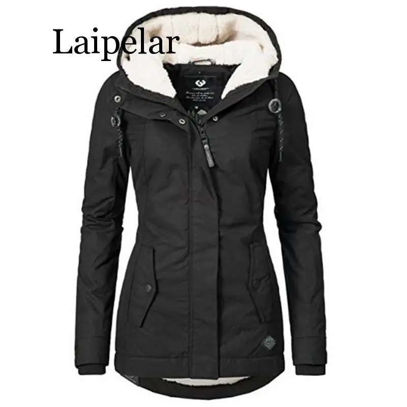 

Laipelar Winter Warm Coat Female Windproof Slim Outerwear Fashion Elastic Waist Zipper Pocket Hooded Drawstring Overcoats Autumn