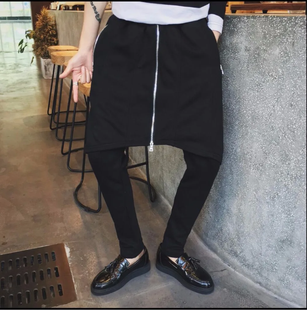 M-5xl Autumn New Men's Punk Faux Two Piece Personality Harem Pants Slim Trousers Skirt Tide Zipper Culottes Hairstyles Costumes | Мужская