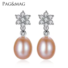 PAG MAG Brand 8 9mm Drop Pearl Stud Earrings for Girls S925 Sterling Silver Flower Women