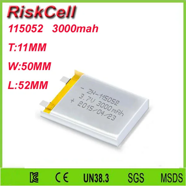 

Free shipping 3.7V 3000mah 115052 Lithium Polymer Li-Po Rechargeable Battery For Mp3 MP4 MP5 GPS PSP mobile Pocket PC e-books