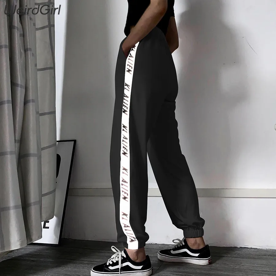 Weirdgirl women night reflective striped pants letter print workout high waist bottom female fashion street trousers new 2019 Weirdgirl women night reflective striped pants letter print workout high waist bottom female fashion street trousers new 2019