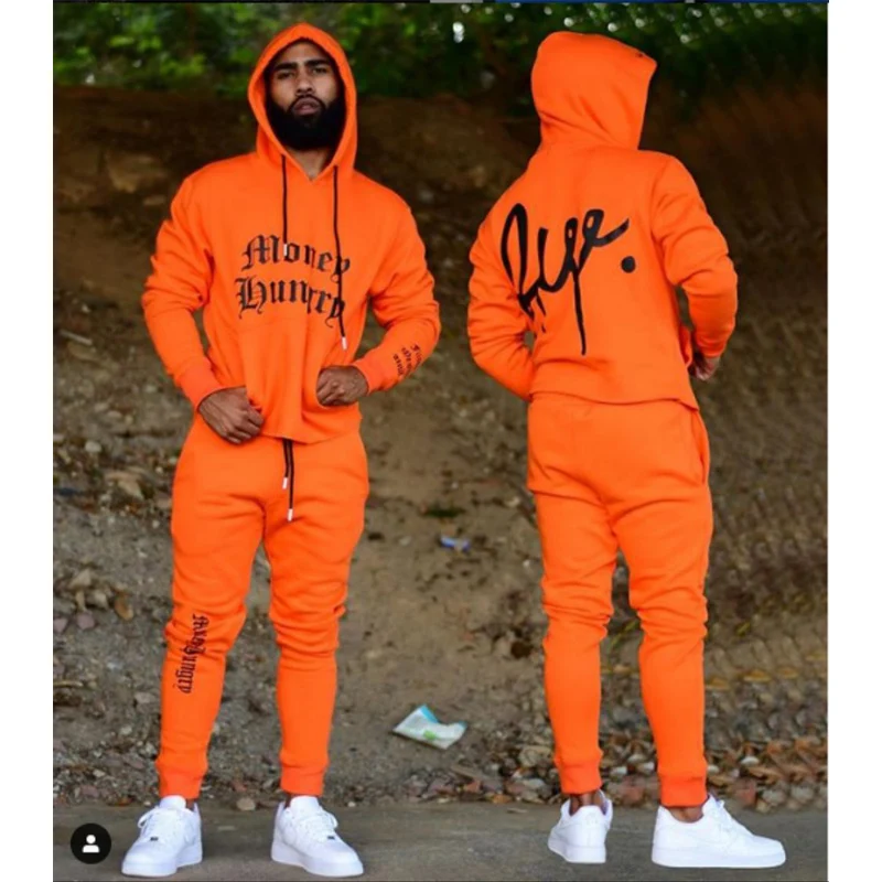 

2 Pieces Sets Tracksuit Men New Brand Autumn Spring Hooded Sweatshirt +Drawstring Pants Male Letter Print Hoodies Bigsweety