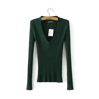 

Autumn Fashion Women Forest Green Sexy Deep V Neck Elastic Knitted Sweater Casual Long Sleeve Skinny Knitwear Pullover Coat Tops