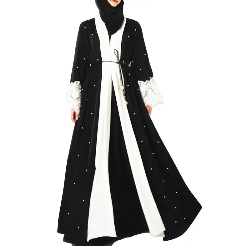 Плюс размер мусульманское платье хиджаб халат Малайзия платье Дубая женщины бисером жемчужное кружевное кимоно кардиган турецкая