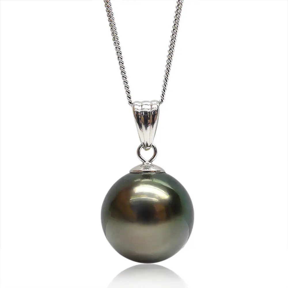 

FREE SHIPPING 13.1MM Natural Black Green Genuine Tahitian Pearl Pendant 18 Solid White Gold