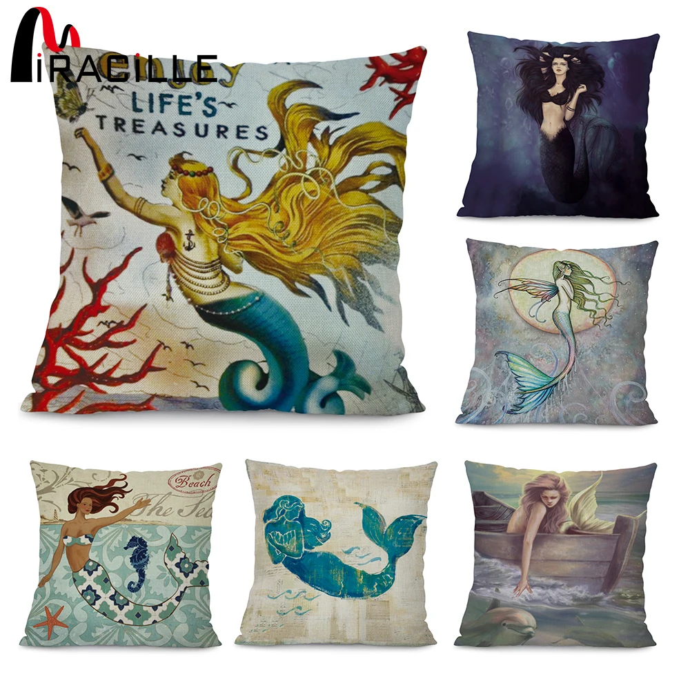 Miracille Marine Style Mermaid Painting Pattern Coffee House Chair Waist Decorative Cushion Cover Bedroom Throw Pillowcase 18