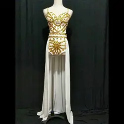 Новый золотой бюстгальтер с кристаллами шорты комплект из 3 предметов женский певец танцор костюм сексуальный боди Ночной клуб шоу наряд