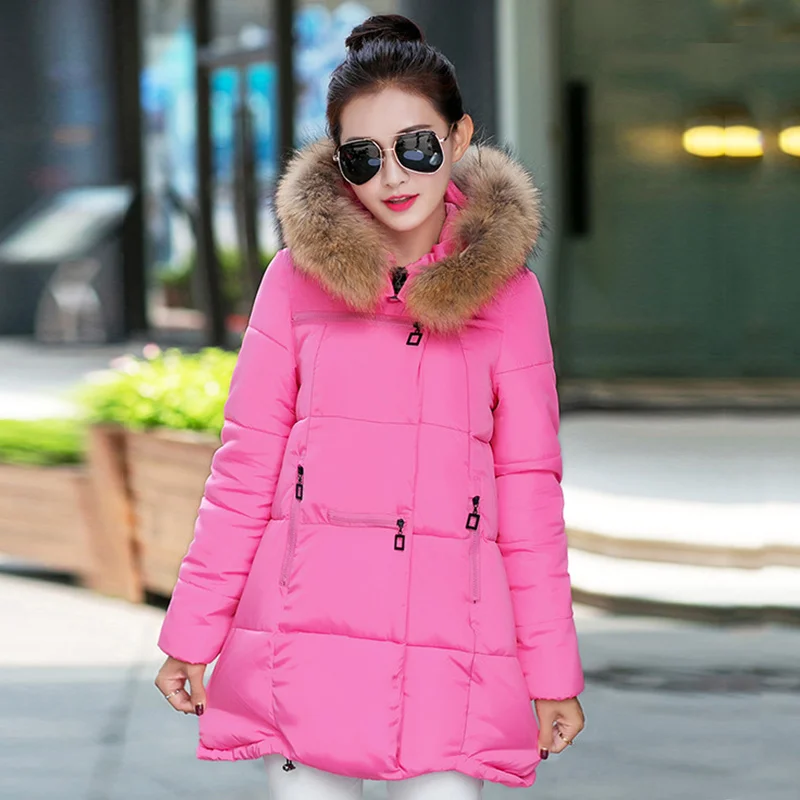 Женская Длинная зимняя парка, осенняя женская модная одежда, женская теплая хлопковая куртка с капюшоном и воротником из искусственного меха, большие размеры - Цвет: rose red