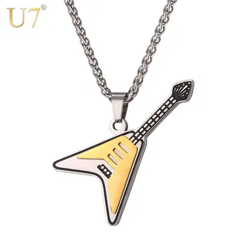 

U7 Guitar Necklaces Pendants Two-tone Gold Color Stainless Steel Gift For Men/Women Hiphop Rock Musical Charm Jewelry P1082