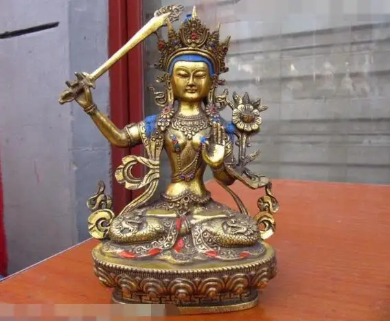 

S03415 9" Tibet Temple Copper Bronze Gild Manjusri Kwan-Yin Guan Yin Bodhisattva Statue B0403