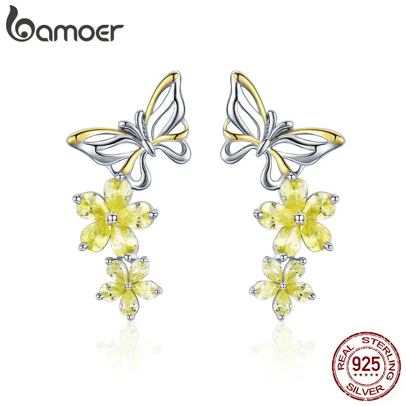 

BAMOER Citrine Color Butterfly 925 Sterling Silver Flying Butterfly Drop Earrings for Women Statement Wedding Jewelry GAE064