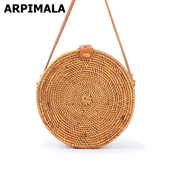 

ARPIMALA 2018 Round Bali Rattan Handbags Handmade Beach Bags Chic Women Bags for Summer Ribbon Pattern Straw Circle Clutch