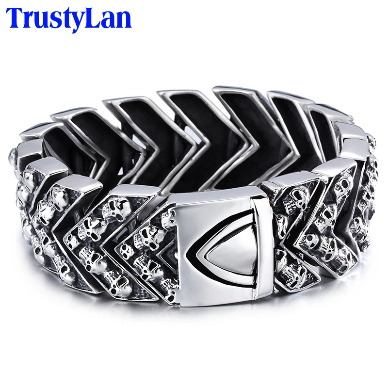 

25MM Wide Heavy Mens Bracelets 2018 Punk Skull Man Bracelet Male Bracelet Homme Jewelry Stainless Steel Wrap Bracelet & Bangles