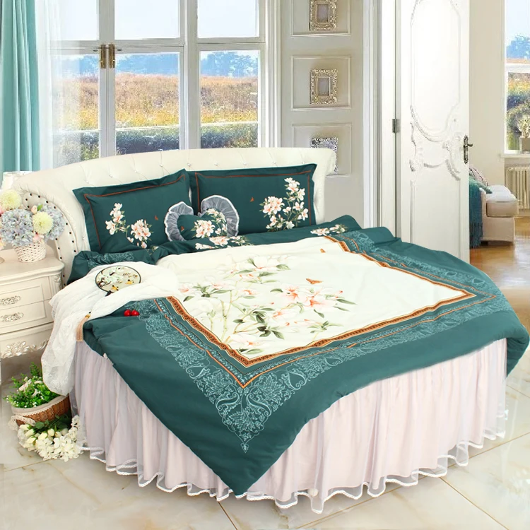 Sale LACE ROUND Corner Bed Europe Orange color Flower Bedding sets Cotton Round Double Bed sheet Duvet cover Pillow case Bedskirt 14