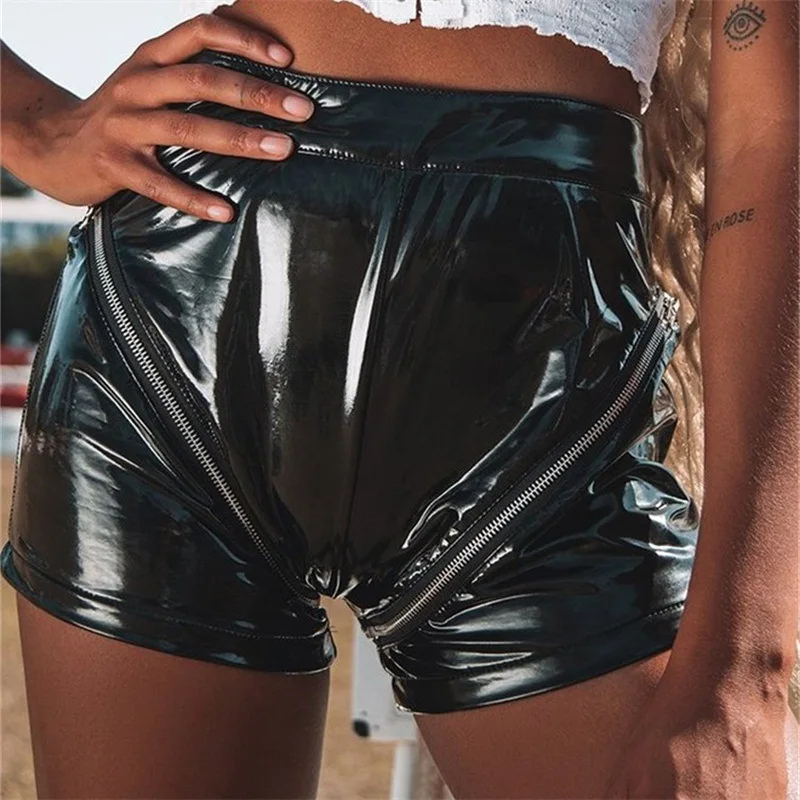 

2018 Gothic Cool Women PU Leather Black Zipper Shorts High Waist Street Look Boots Shorts Elastic Female Punk Fashion Bottoms