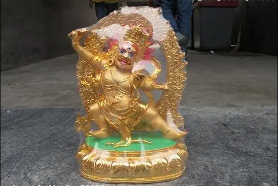 

10"Tibet Buddhism Temple Bronze Gild Painted Vajrapani Mahakala Buddha Statue