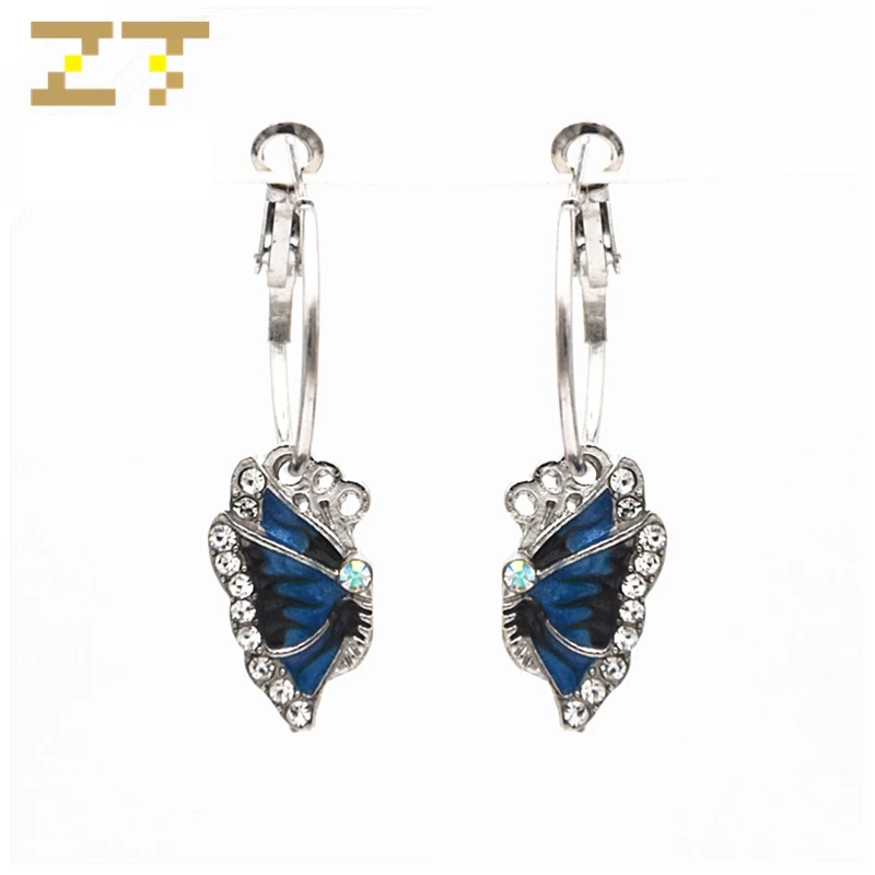

Hot Sale Fashion Exquisite Crystal Statement Vivid Blue Butterfly Pendant Big Silver Hoop Earrings for Women Jewelry Oorbellen