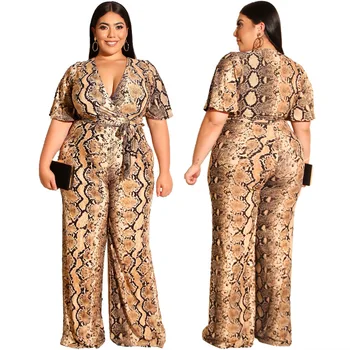 

Summer Women's Casual Style Straight Jumpsuit Long Pant Short Sleeves Sexy V-neck Snakeskin Jumpsuit with Belt Plus Size