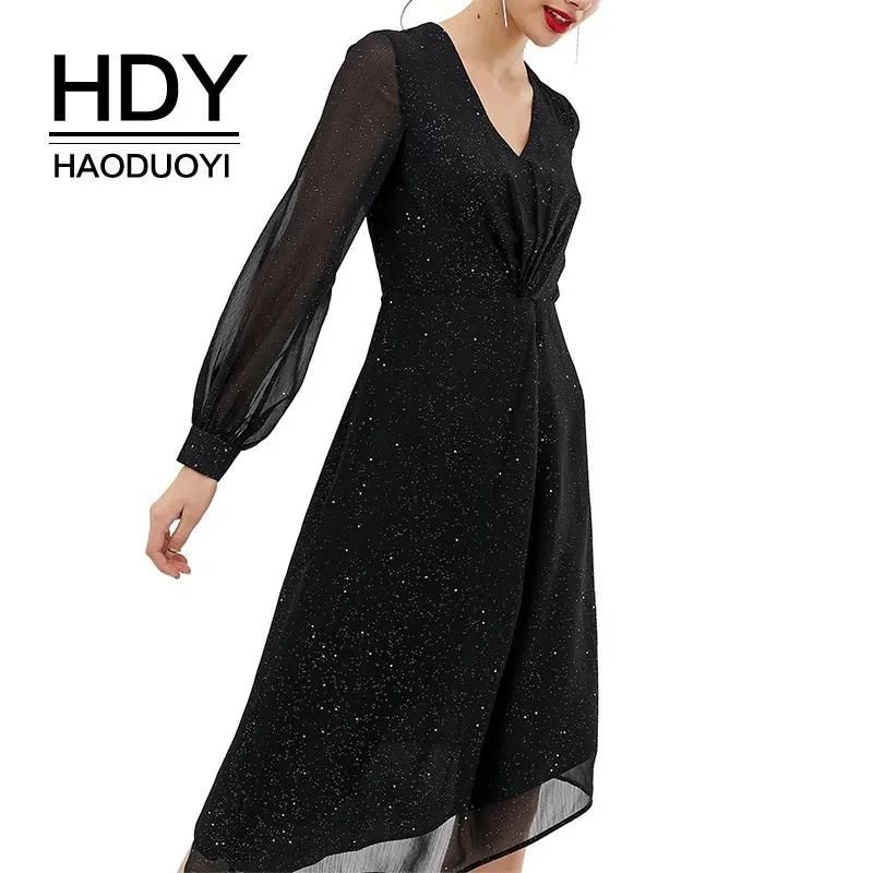 

HDY Haoduoyi Female Summer Stylish Sexy V-Neck Simple Net yarn Mesh Stitching Pleated Asymmetric Hem Dress