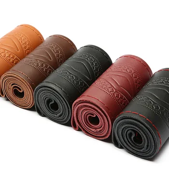 

37/38cm DIY Embossed Genuine Leather Braid On Car Steering Wheel Cover Soft Cowhide Universal Hand Sewing Wheel Cover