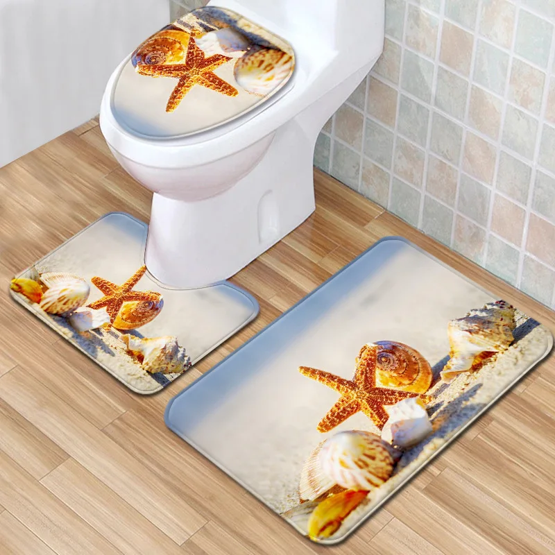 

T New Starfish Shell 3 Piece Bathroom Set Rug Anti Slip Bath Rug Toilet Mats Carpet Set for Home Decor Printing Doormat