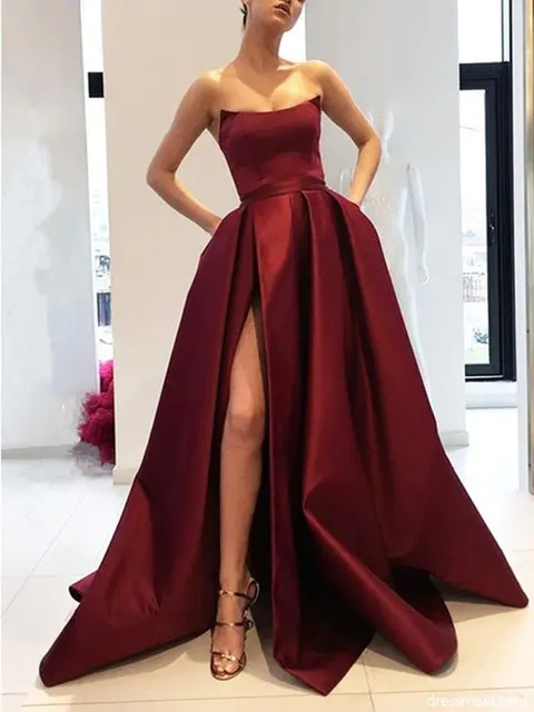 A Line Strapless High Slit Satin 