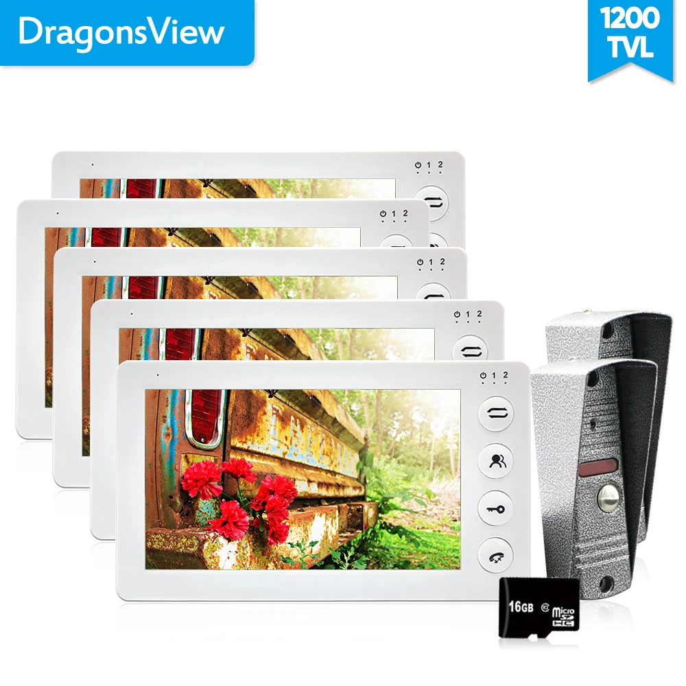 Dragonsview Многоквартирный телефон видео домофон системы 5 monitos с 2 дверные звонки камера 7 дюймов 1200TVL HD модный