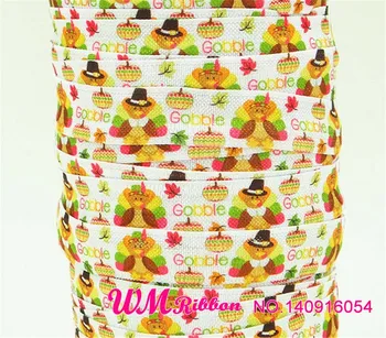 

Q&N ribbon wholesale/OEM 5/8inch Thanksgiving day Printed folded over elastic FOE 50yds/roll free shipping for hair tie