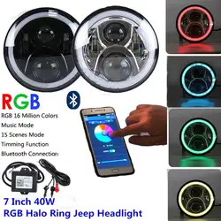 Дюймов светодио дный светодиодная RGB фара, 7 ''Круглый DRL фары мигающий RGB Ангел глаз Halo Кольцо Bluetooth управление светодио дный для Lada 4x4 urban нива