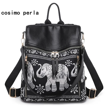 

Black Leather Women Backpack Multifunctional Elephant Print Rucksack Fashion Casual Student Backpacks Oxford Cloth Shoulder Bags