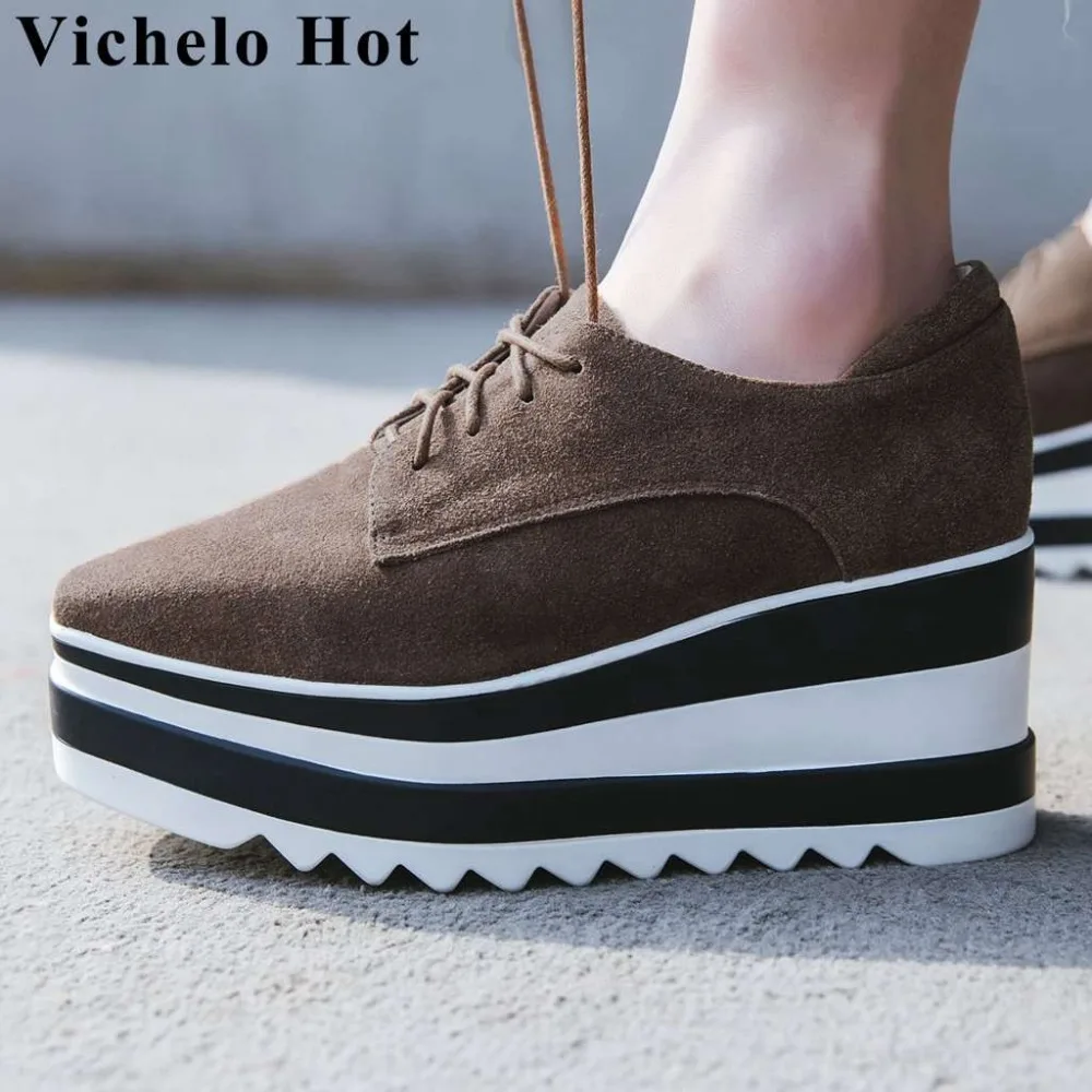 

Vichelo Hot vintage cow suede European design punk style casual shoes wedges high heels square toe lace up increased pumps L6f5