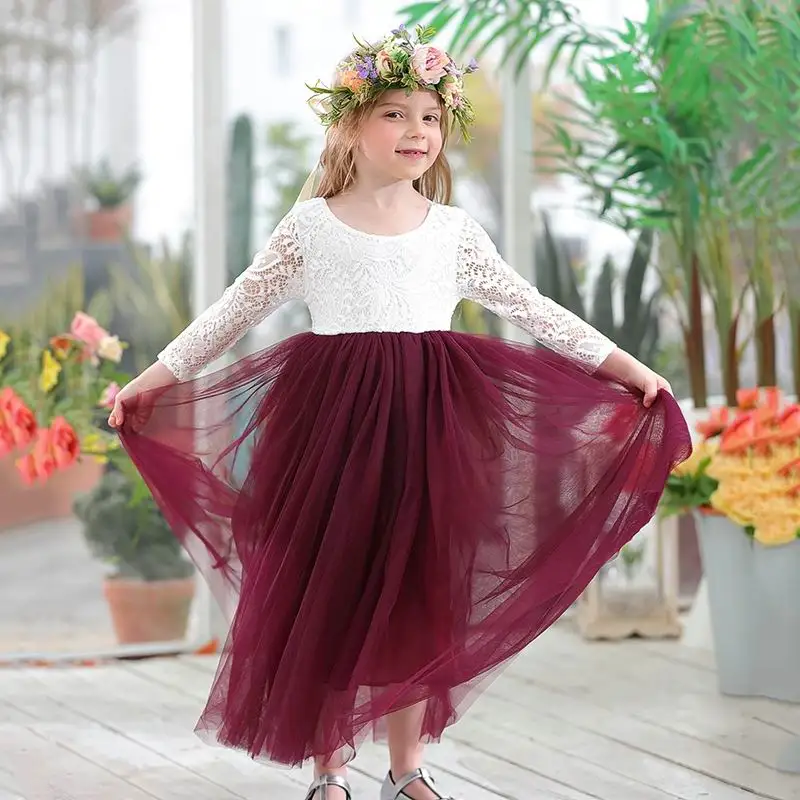 Новое платье принцессы для девочек, платье до щиколотки для свадебной вечеринки, белое кружевное пляжное платье с ресничками сзади, детская одежда, E15177 - Цвет: plum red