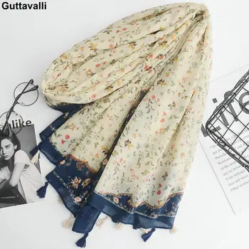 

Guttavalli Women Spring Fresh Vintage Small Flowers Tassels Long Shawl Female Floral Print Wraps Chevron Sunscreen Soft Scarves